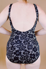 black and white vintage 1960's one piece swimsuit in a lace looking print