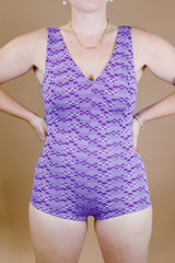printed purple one piece swimsuit vintage 1950's low back v neck