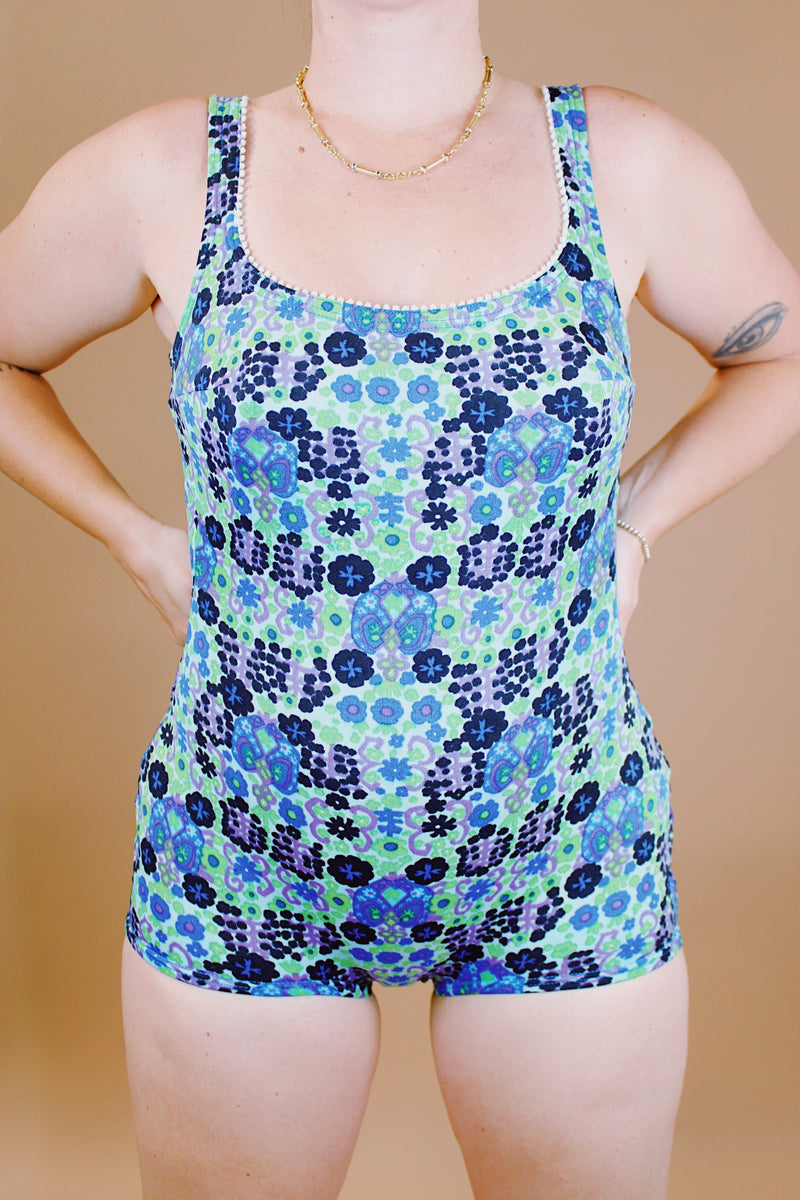 blue printed one piece vintage swimsuit 1960's