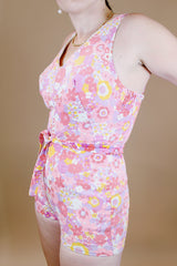 pink floral printed one piece swimsuit romper cotton vintage 1960's