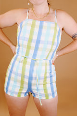 plaid printed one piece swimsuit vintage 1960s romper on white with blue and green plaid