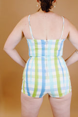 plaid printed one piece swimsuit vintage 1960s romper on white with blue and green plaid