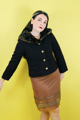 Women's vintage 1950's Doop's, George Carmel, New York label long sleeve chocolate brown cropped jacket with brown fur trim collar.