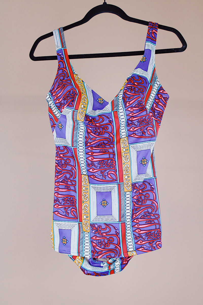 abstract print vintage 1950's one piece swimsuit purple and reds nylon material