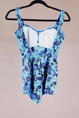blue printed one piece vintage swimsuit 1960's