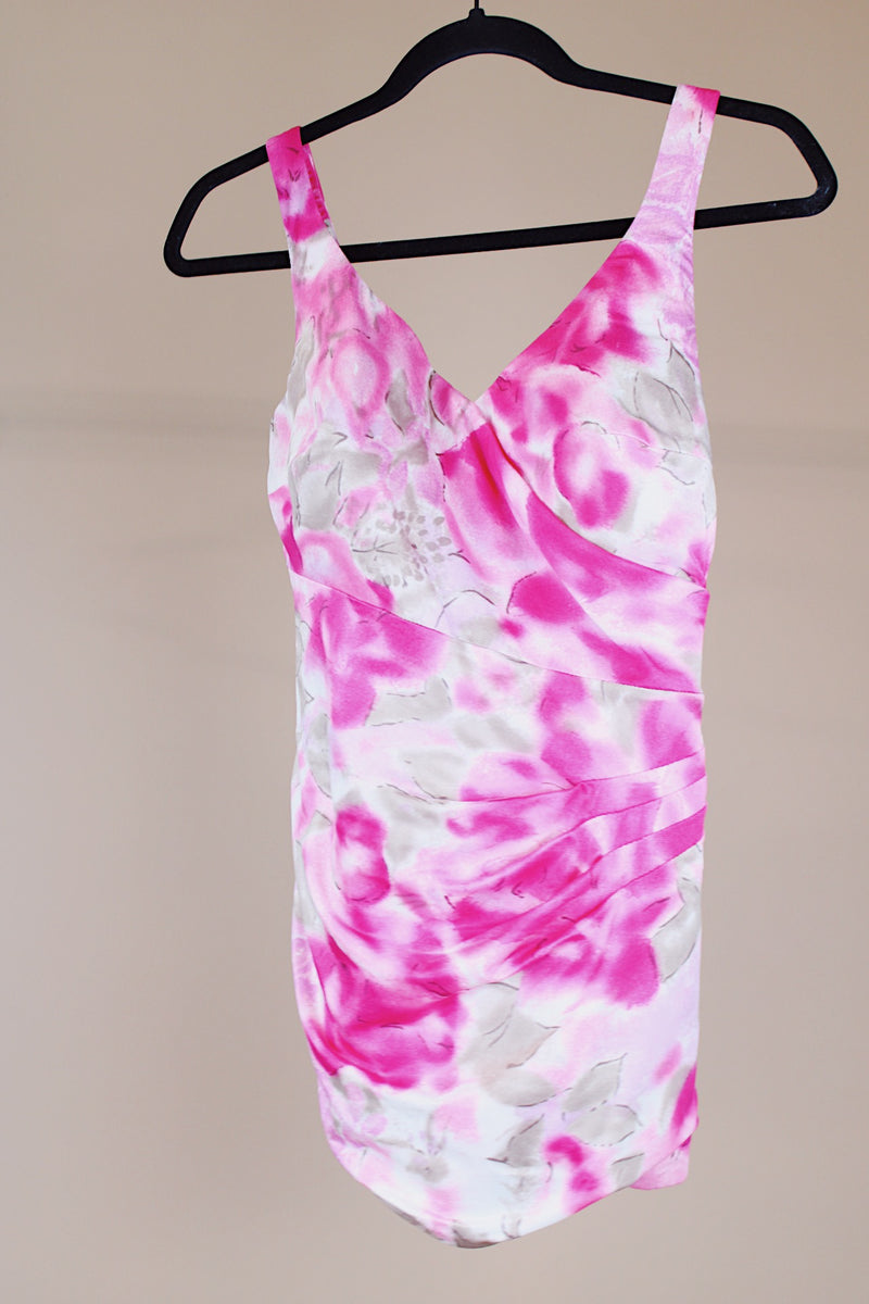 pink printed one piece vintage 1960's swimsuit with front skirt