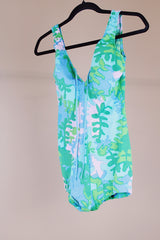 green blue and pink tropical printed one piece swimsuit vintage 1970's