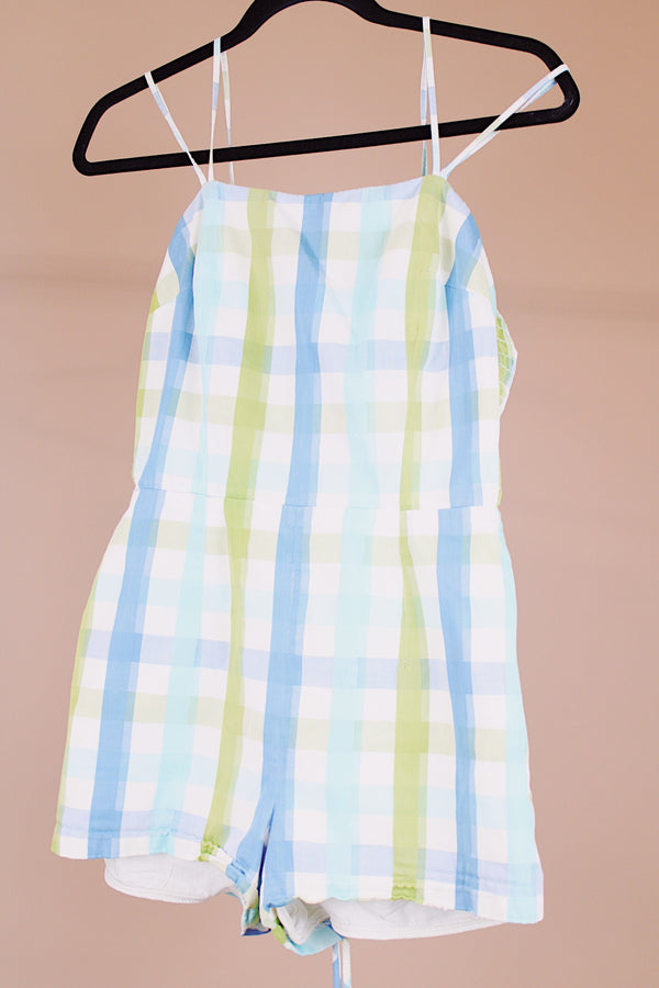 plaid printed one piece swimsuit vintage 1960s romper on white with blue and green plaid