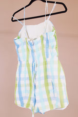 plaid printed one piece swimsuit vintage 1960s romper on white with blue and green plaid