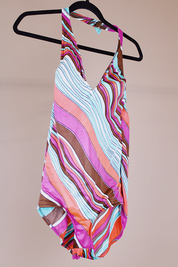 striped print halter neck one piece swimsuit vintage 1960's