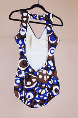 brown purple and navy printed one piece vintage swimsuit 1960's