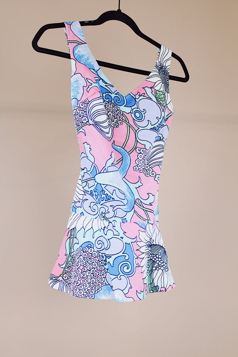 floral printed one piece vintage swimsuit 1970's pink with blue flowers