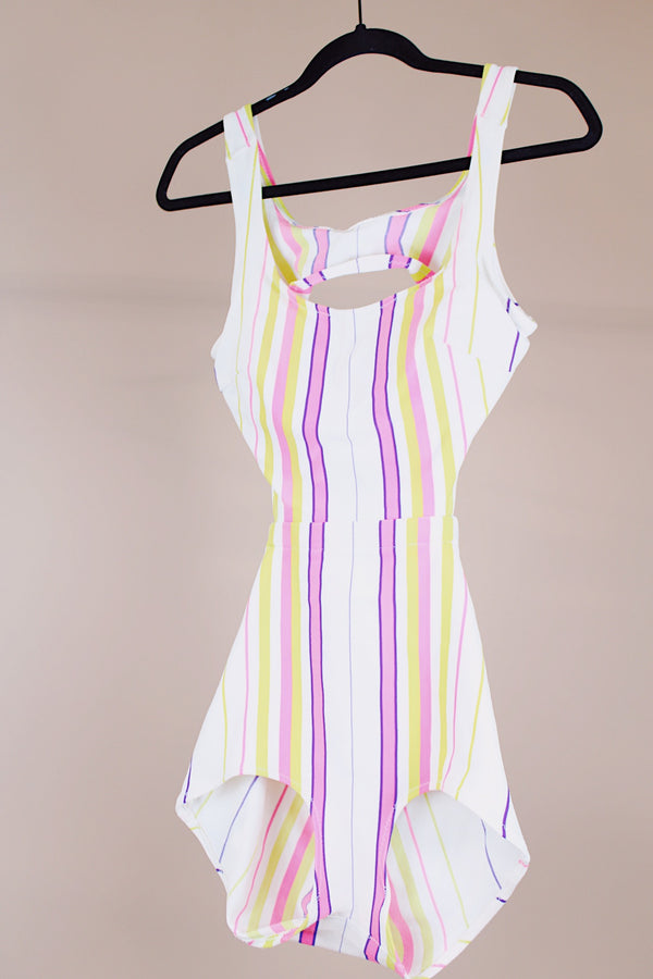 white with colored stripes vintage one piece swimsuit with side and back cut outs 1960's