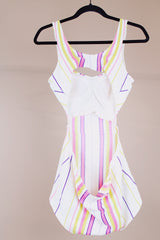 white with colored stripes vintage one piece swimsuit with side and back cut outs 1960's