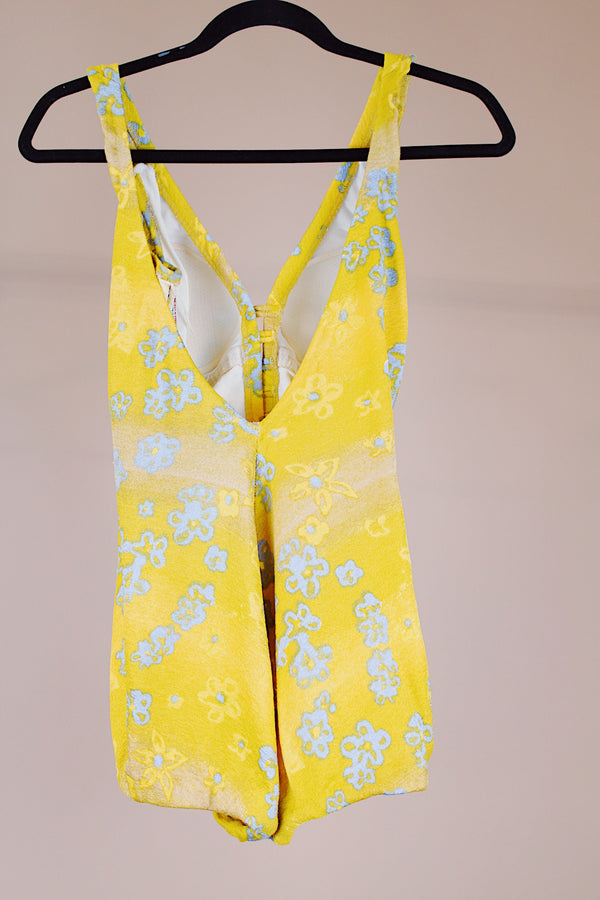 one piece vintage 1950's swimsuit in yellow with grey floral print