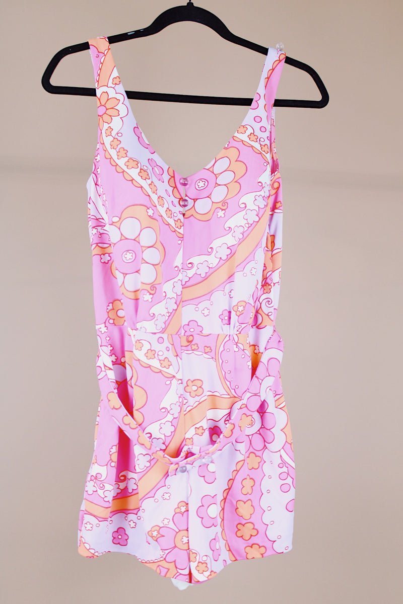 sleeveless vintage 1960's floral printed romper swimsuit pink and orange colors