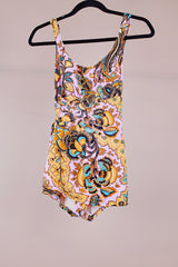 paisley printed vintage 1970's one piece swimsuit with skirt in front