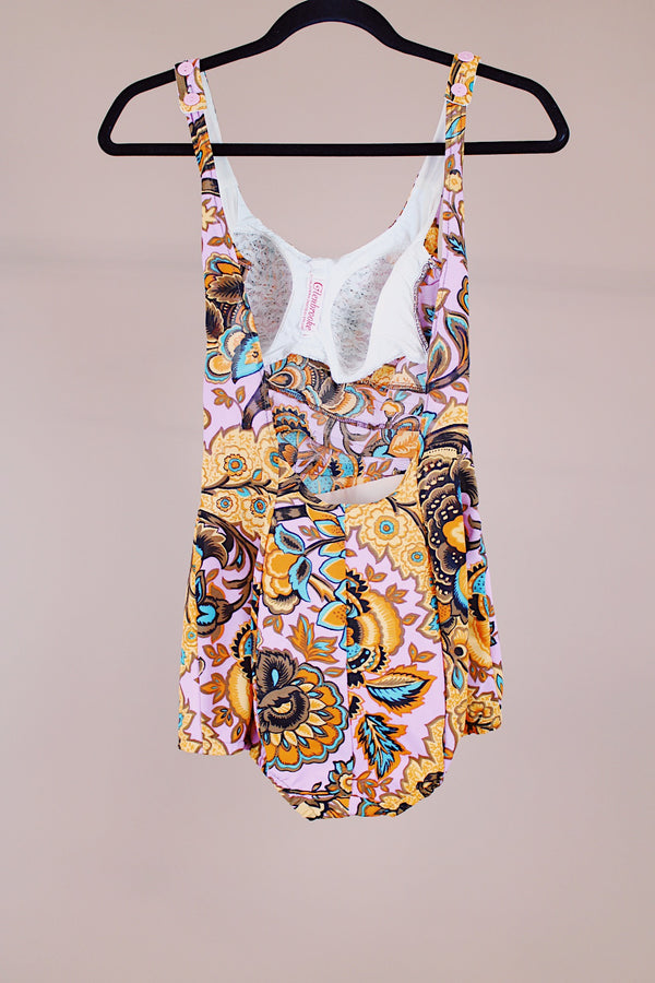 paisley printed vintage 1970's one piece swimsuit with skirt in front