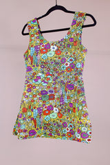 multi colored floral printed swimsuit top vintage 1970's adjustable straps