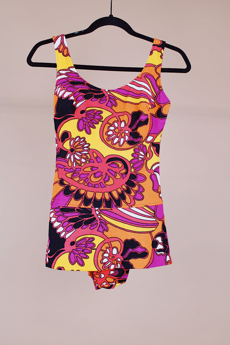 abstract printed 1970's vintage one piece swimsuit in yellow orange yellow and purple