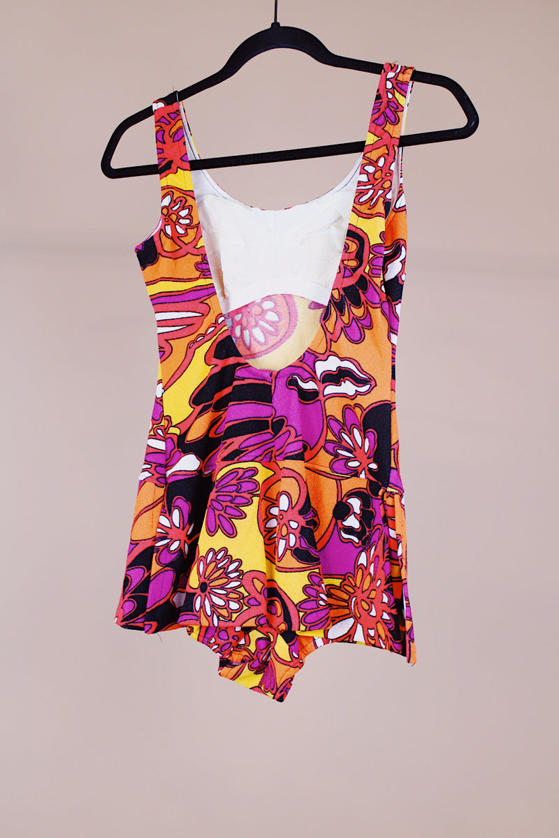 abstract printed 1970's vintage one piece swimsuit in yellow orange yellow and purple