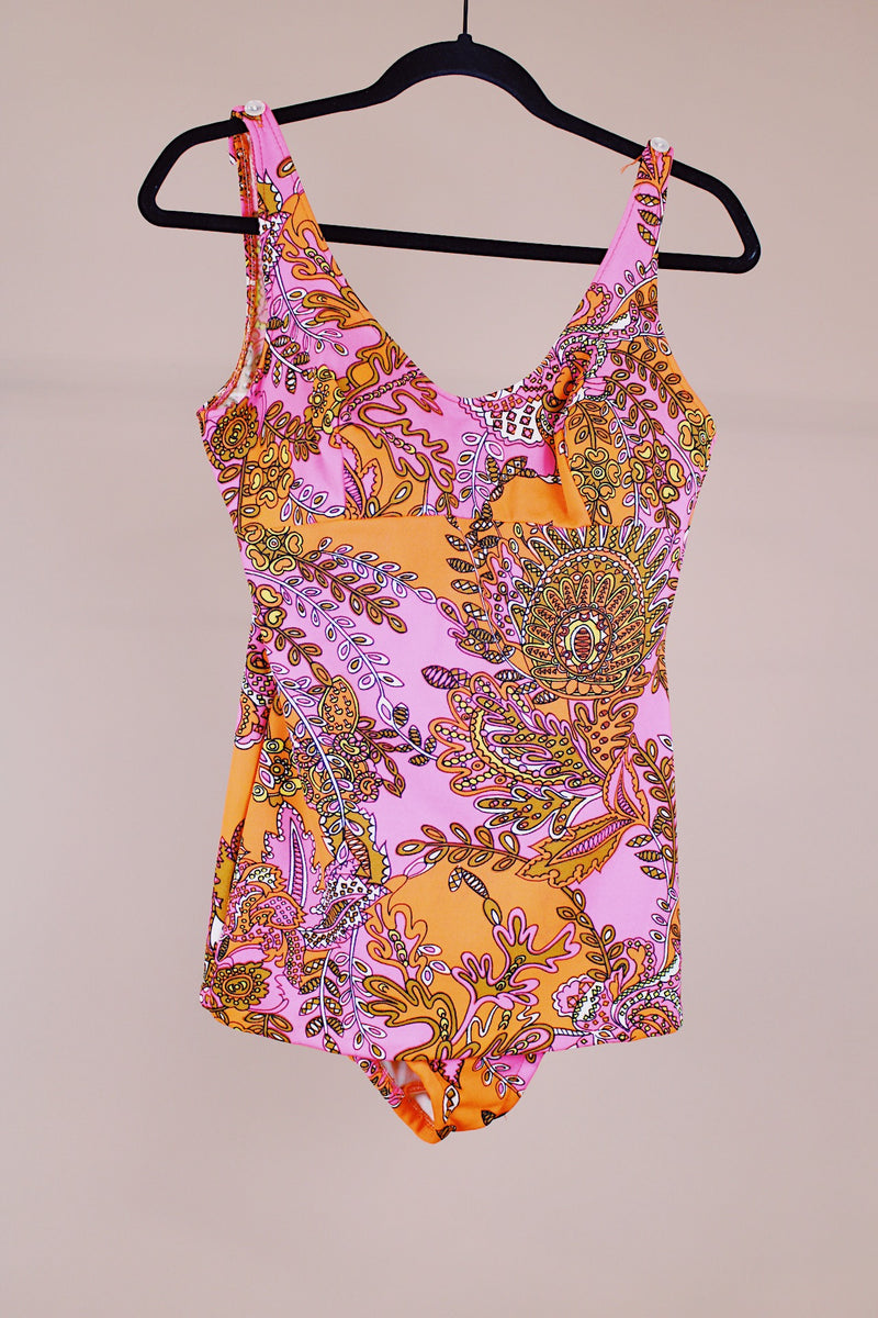 pink and orange paisley printed vintage 1970's one piece swimsuit 