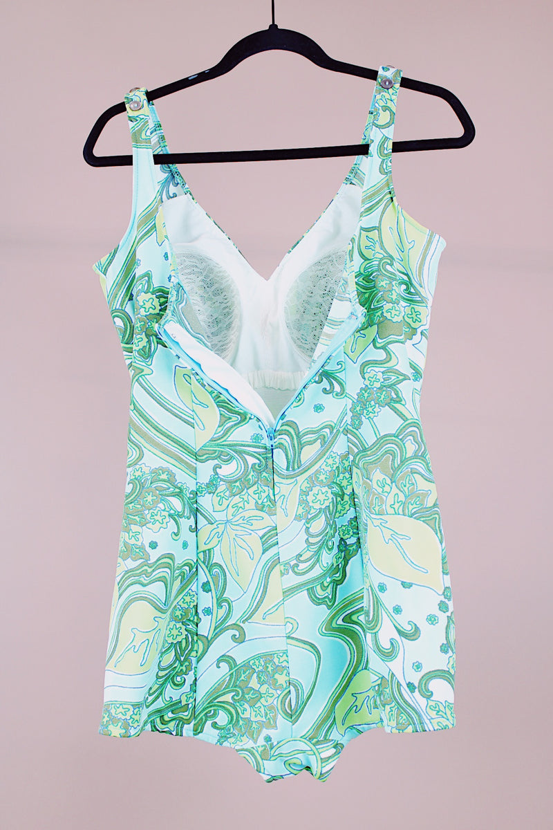 green printed vintage 1960's swimsuit one piece