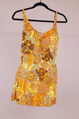 sleeveless paisley printed vintage swimsuit top in cotton and orange and yellow colors 1960's