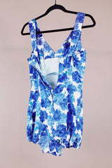 white and blue floral printed vintage 1950's swimsuit with skirt over bottoms one piece 
