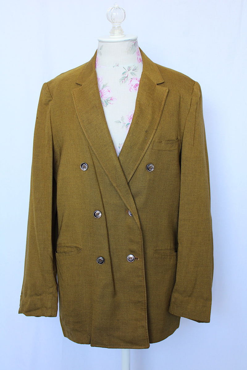 Women's or men's vintage 1970's Lee Wald Tailored Clothing long sleeve double breasted linen material mustard yellow blazer. 