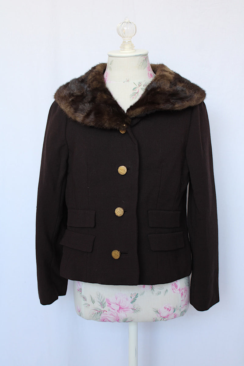 Women's vintage 1950's Doop's, George Carmel, New York label long sleeve chocolate brown cropped jacket with brown fur trim collar.