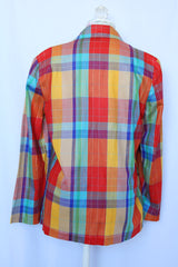 Women's vintage 1970's rrrrruss, Made in USA label long sleeve cotton material lightweight one button closure blazer in multicolored plaid print.