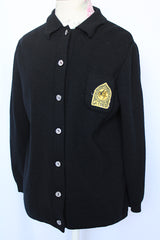 Women's vintage 1960's Dorce label long sleeve black wool button up cardigan with yellow patch with words La Costa on left chest. 