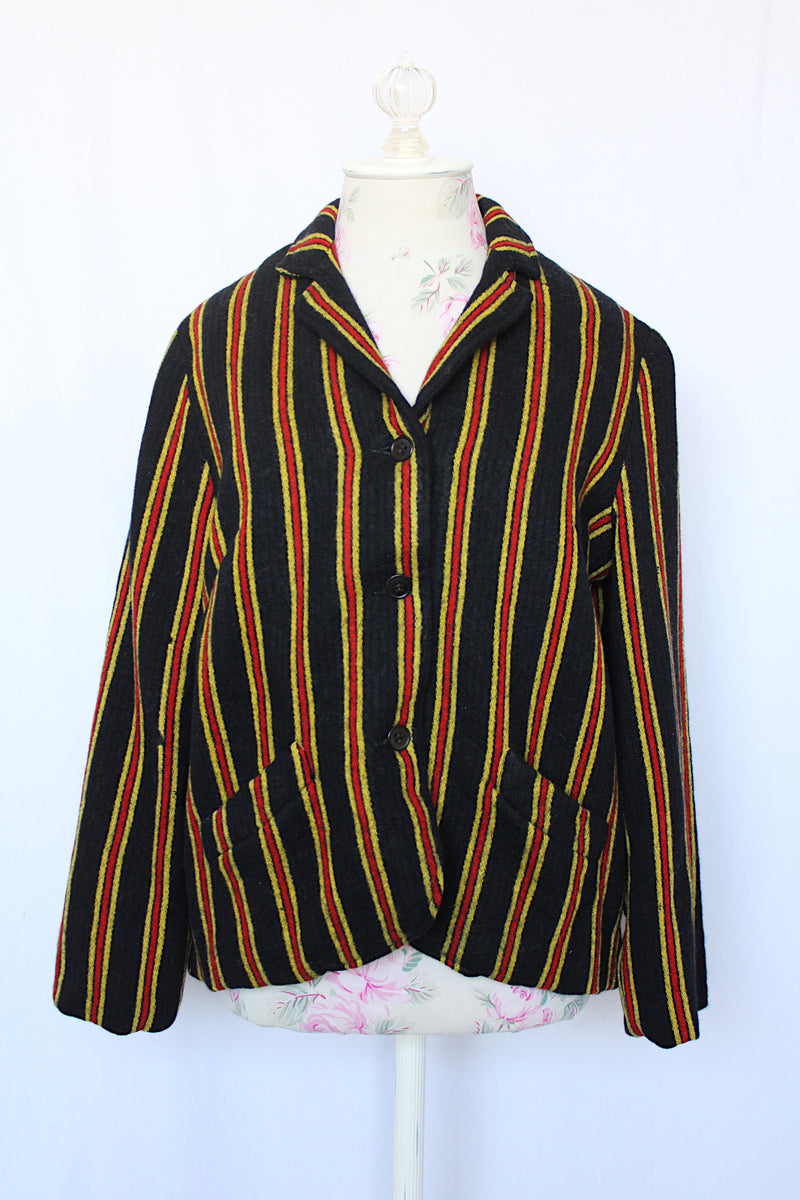 Women's vintage 1960's Sport Whirl label button up wool material blazer in black with yellow and red vertical stripes. 
