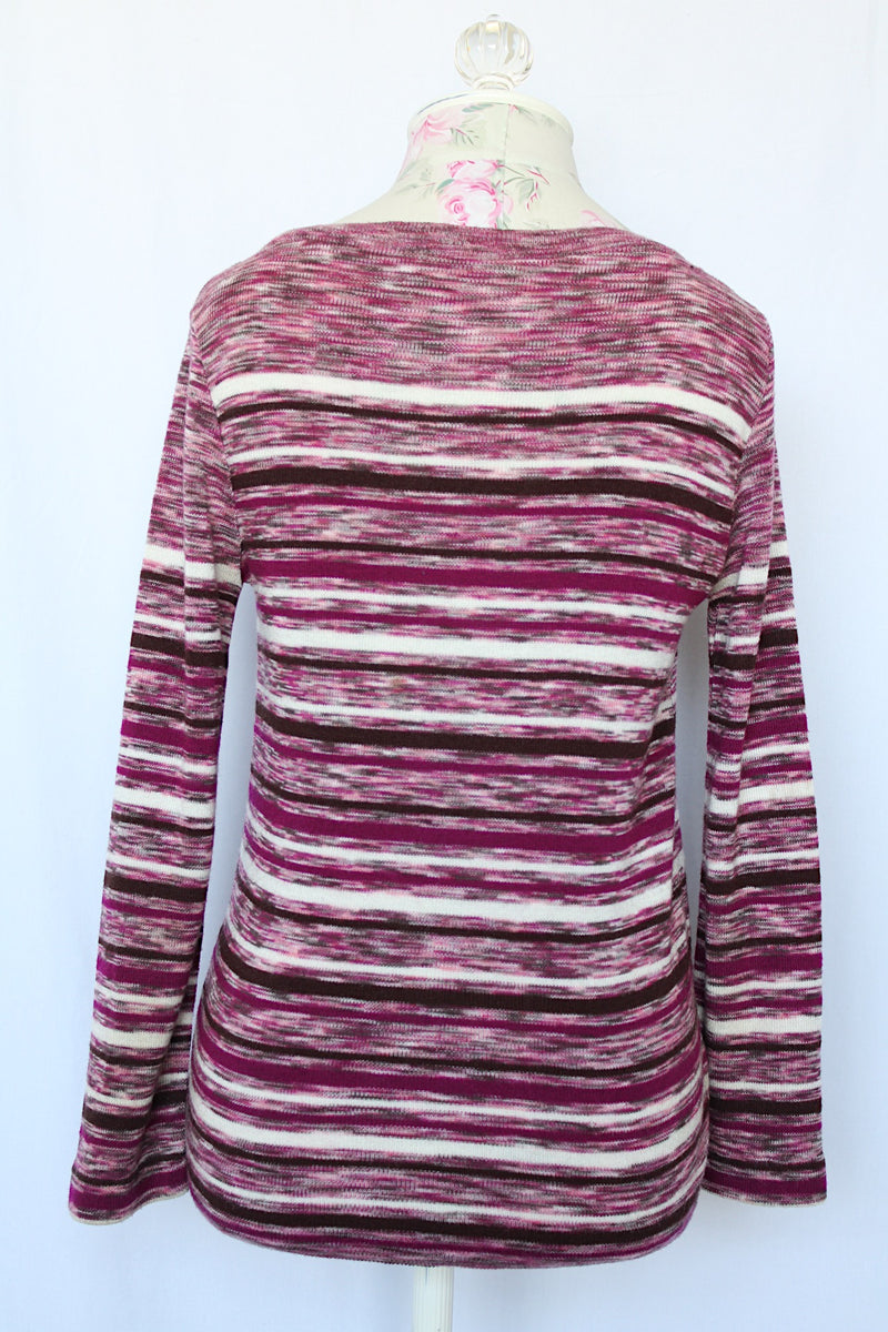 Women's vintage 1970's lightweight acrylic pullover sweater in purple, white, and brown striped heathered print. 