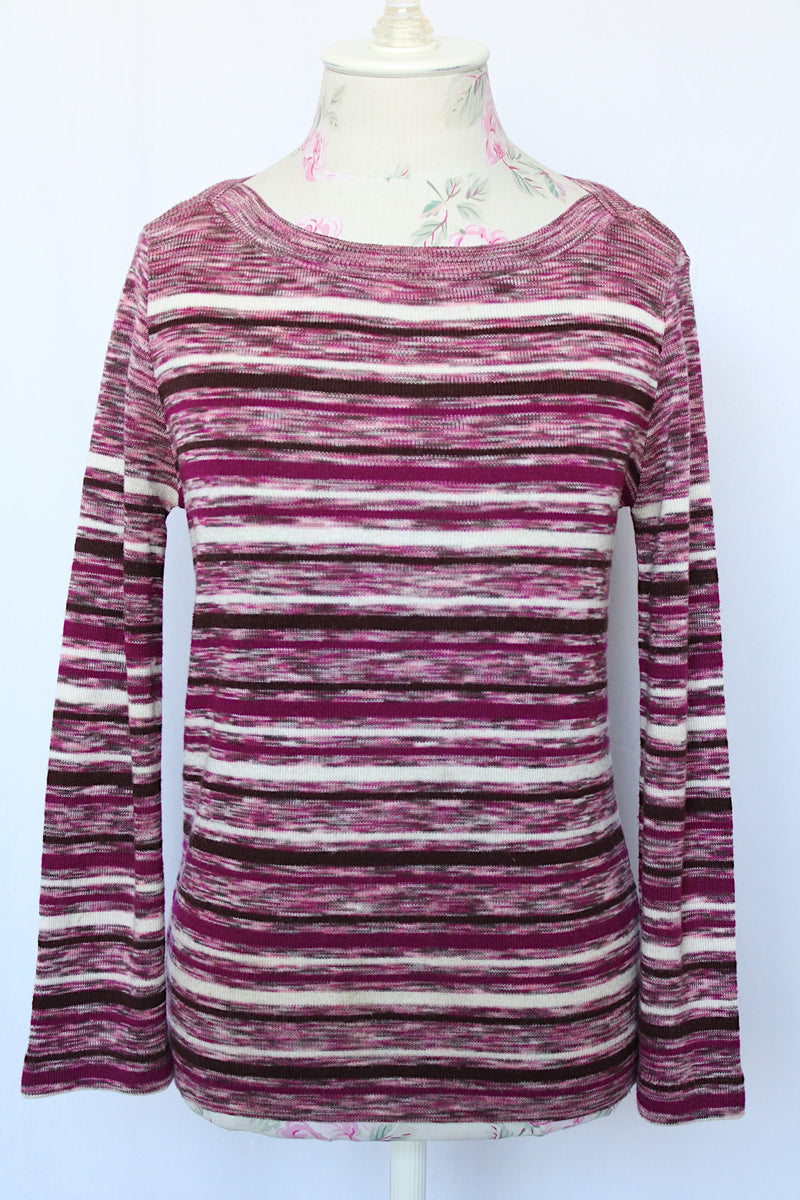 Women's vintage 1970's lightweight acrylic pullover sweater in purple, white, and brown striped heathered print. 