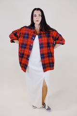 long sleeve red and navy plaid button up shirt with collar vintage 1950's