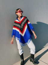 blue with stripes acrylic poncho fringe trim with collar vintage 1970's