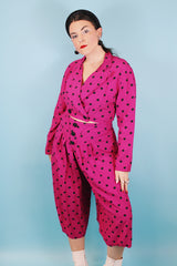 Women's vintage 1980's top and capris matching set in magenta with black polka dots. Capris has elastic waistband. Top is cropped with double breasted closure.