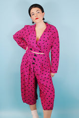 Women's vintage 1980's top and capris matching set in magenta with black polka dots. Capris has elastic waistband. Top is cropped with double breasted closure.