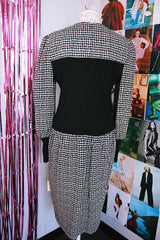 long sleeve houndstooth print midi length dress black and white vintage 1980's