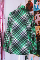 long sleeve black white and green plaid printed button up blouse with collar vintage 1970's 