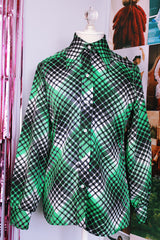 long sleeve black white and green plaid printed button up blouse with collar vintage 1970's 