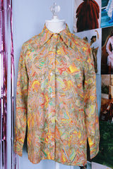 long sleeve abstract print button up blouse vintage 1970's
