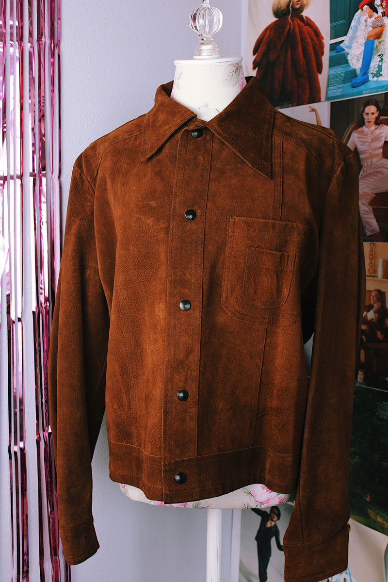 long sleeve chocolate brown suede jacket with popper buttons and a pointy collar vintage 1970's