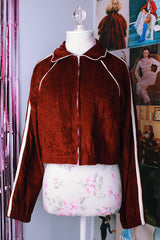 long sleeve maroon velour cropped sports jacket sweater zips up white piping vintage 1970's