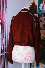 long sleeve maroon velour cropped sports jacket sweater zips up white piping vintage 1970's