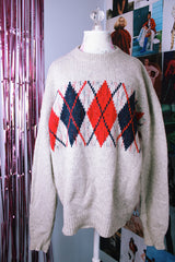long sleeve grey pullover wool sweater with navy and red argyle print