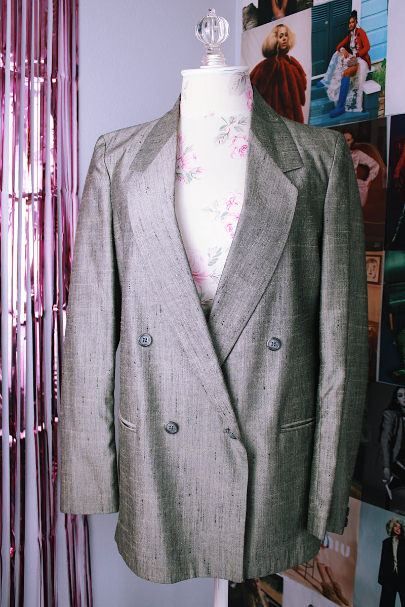 long sleeve metallic silver double breasted blazer vintage 1980's
