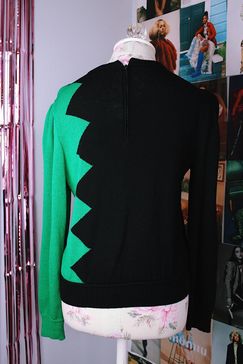 long sleeve acrylic pullover sweater in green and black vintage 1980's